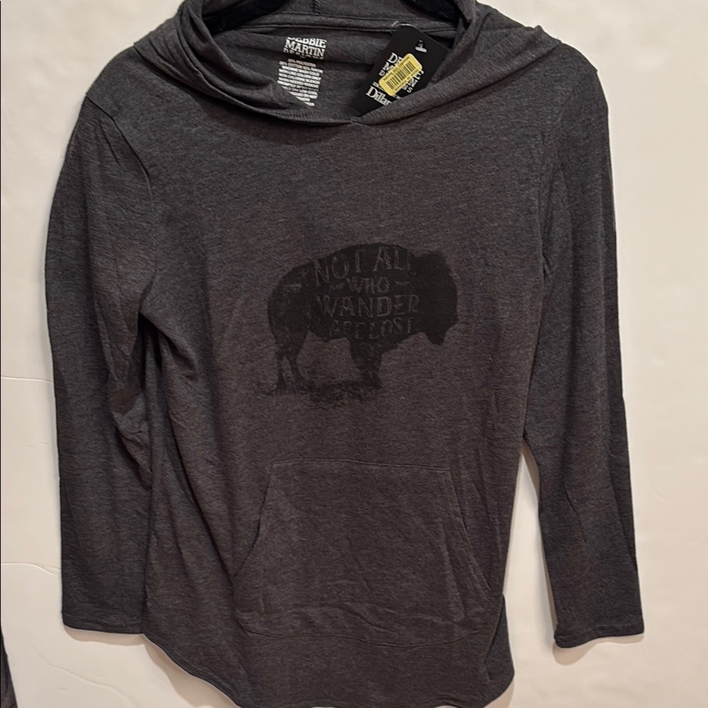 NWT DEBBIE MARTIN DESIGNS DILLARDS Gray Hooded Long Sleeve Shirt Buffalo Print M